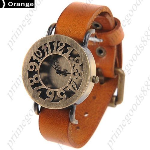 Hollow Out Retro Style Round PU Leather Quartz Wrist Wristwatch Women&#039;s Orange