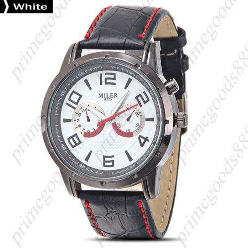 Genuine leather band false sub dials quartz analog men&#039;s wristwatch black white for sale