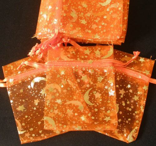 100pcs Orange Pattern Organza Flare Drawstring Wedding Gift Pouch Bag 2.7x3.5&#034;