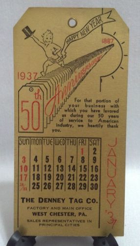 VINTAGE DENNEY TAG CO. JANUARY 1937 CALENDER TAG - FREE SHIPPING
