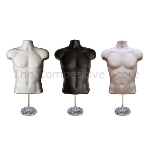 3 Torso Male Mannequin Forms With Economic Plastic Base Black Flesh White