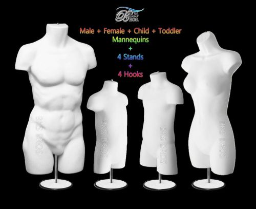 4 pcs -male, female, child &amp; toddler mannequins w/metal stands + hanging hook for sale