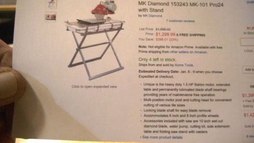 Mk diamond 101 pro tile saw used twice for sale