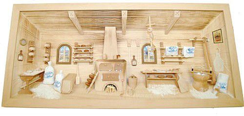 Large German NATURAL old wooden 3 - D picture Diorama - BAKERY SHOP - BAECKEREI
