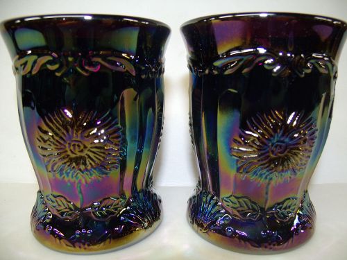 pair of purple carnival glass Dahlia tumblers / cups goblets iridescent amethyst