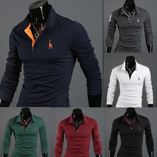 2014 new men&#039;s solid color casual long-sleeved embroidered deer POLO shirt