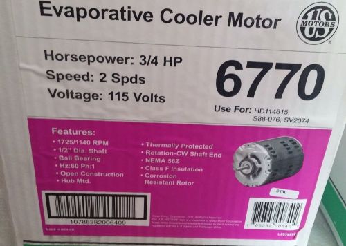 US Motors Model 6770 3/4 HP 115V 2 Speed CW Evaporative Motor