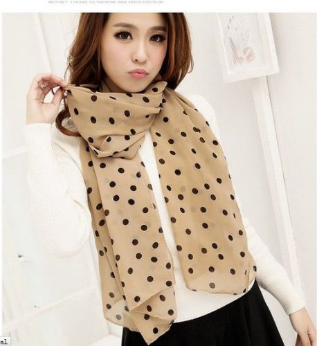 Women Polka Dot Pattern Soft Sheer Scarves Chiffon sand Long Scarf