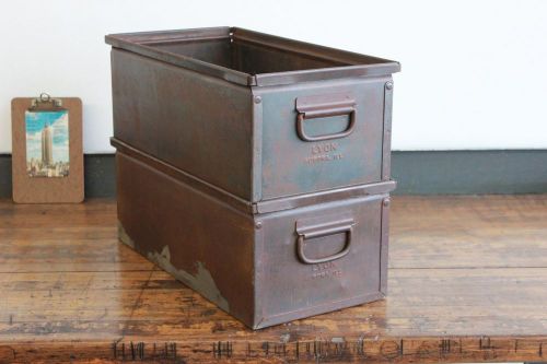 Set of 2 Vintage Industrial Lyon Storage Stacking Steel Bins Containers 1940s
