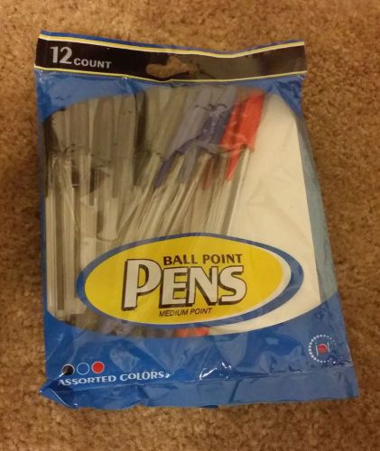 Ball Medium Point  Pens 12 Assorted Colors ( 6 Black + 4 Blue + 2 Red = 12 )