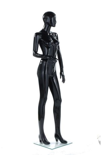 Molded Fiberglass Female Display Mannequin Black Glossy 5&#039;10&#034; w/Face &amp; Heel