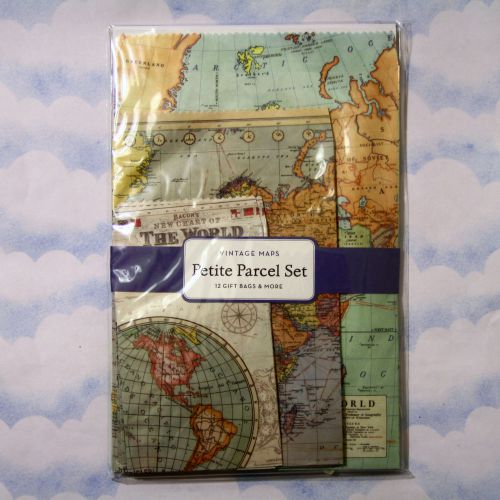 NEW Cavallini &amp; Co. Petite Parcel Set Vintage Maps - Gift bags tags stickers