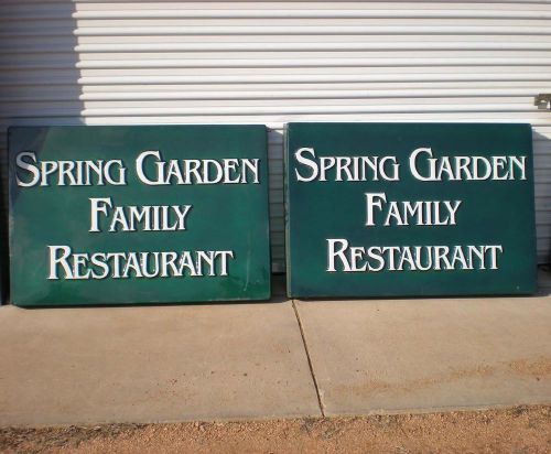 Two 52x36 spring green family restaurant signs advertising for sale