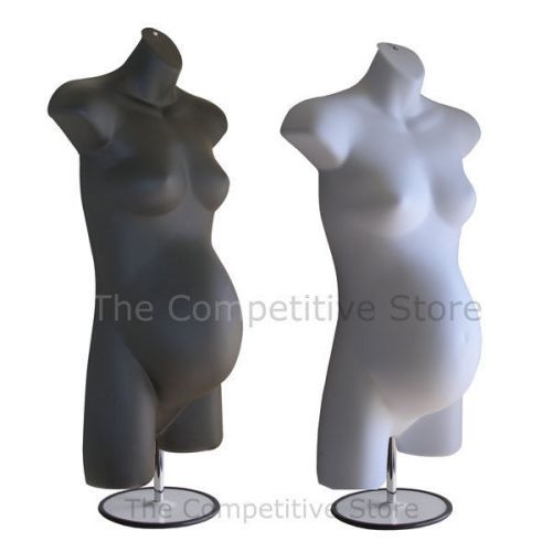 2 Maternity Female Mannequin Dress Forms With Metal Base - 1 Black + 1 White
