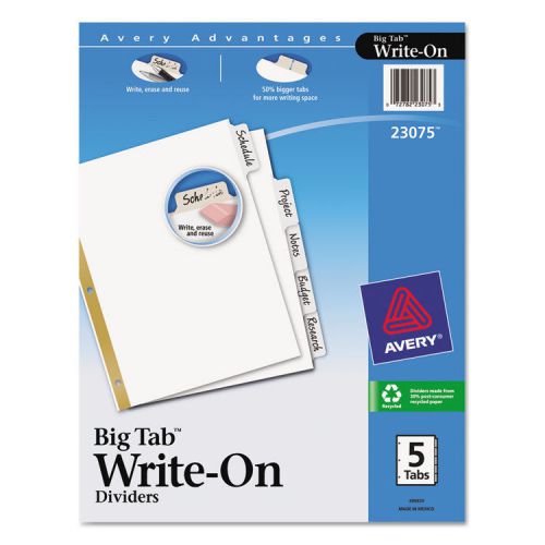 Big tab write-on dividers w/erasable laminated tabs, white, 5/set for sale