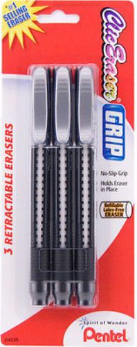 New Pentel Clic Eraser Pencil - Style Grip Eraser Black Barrel 3/Pack ZE21BP3-K6