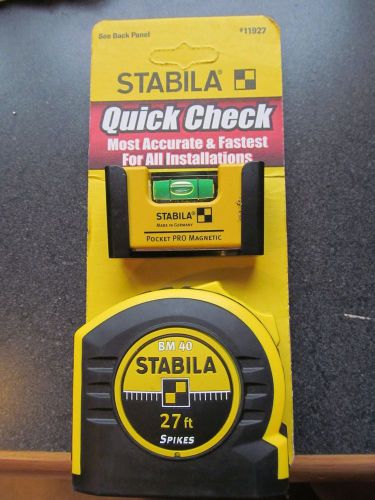 Stabila # 11927 Pocket Pro Magnetic Level + BM40  27&#039; Tape Measure Spikes New