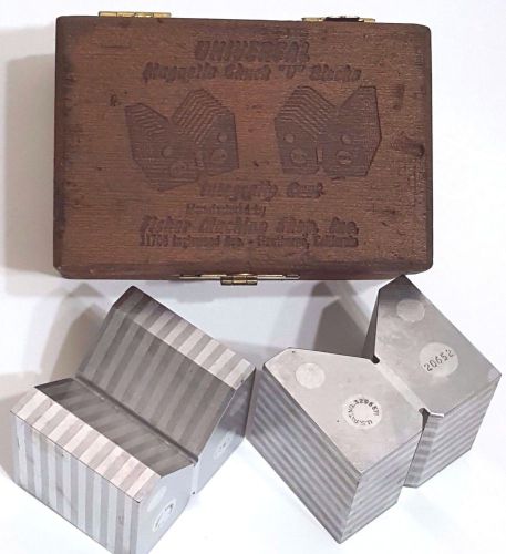 Fisher Universal Magnetic Chuck V Blocks Wood Box Vintage Pair 20652
