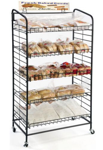 29.0&#034; x 51.0&#034; x 16.0&#034; bakery display rack w/ wheels, 5 adjustable shelves &amp; 2 si for sale