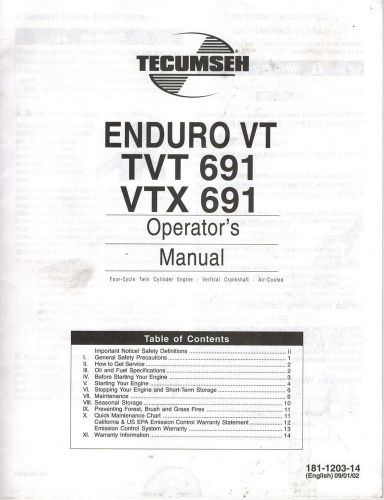 TECUMSEH ENDURO series ENGINE OPERATOR&#039;S  MANUAL