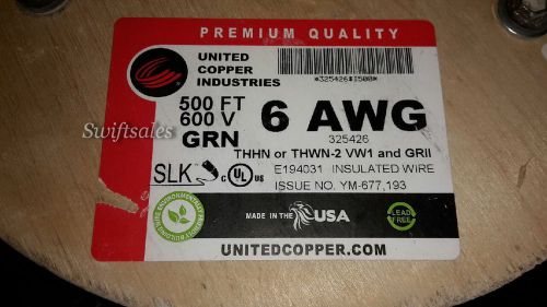 United Copper Green Ground Wire Stranded #6 6 AWG THHN THWN-2 500&#039; Factory Spool