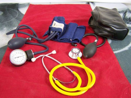 Sphygmomanometer velcro blood pressure hand pump and yellow stethoscope w/ case for sale