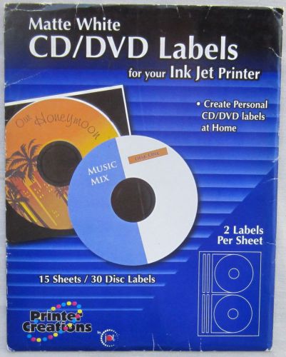 Printer creations cd dvd matte white labels for ink jet printers 30 count new for sale
