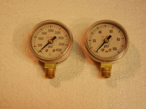 (2) p.s.i. gauges &#034;u.s.gauge&#034; 0 to 100 &amp;  to 4000--brass fittings for sale
