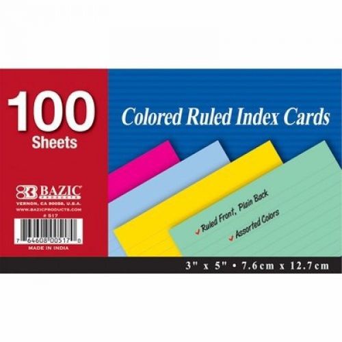 3 Pk, BAZIC Colored Ruled Index Cards, 3 X 5 Inch- 100 Sheet Ct Each (Total of