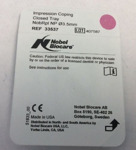 Nobel Biocare Impression Coping Closed Tray NobelReplace NP 3.5mm Ref 33537