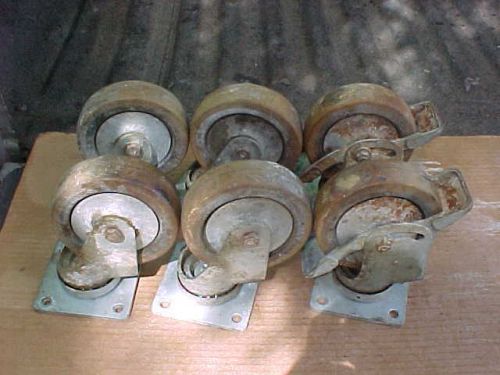 Set of (6) Swivel Darnell Casters 5&#034; Diameter Industrial Solid Rubber 6.5&#034; Tall