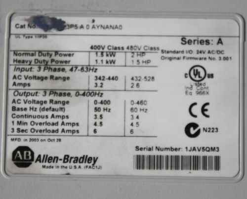 Allen Bradley 20B C 3P5 A 0AYNANAO 1.5kW 2HP three phase variable speed drive