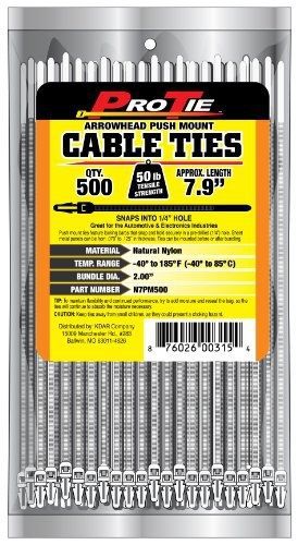 Pro Tie N7PM500 7.9-Inch Arrowhead Push Mount Cable Tie, Natural Nylon, 500-Pack