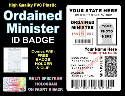Ordained Minister ID Badge / Card &gt;CUSTOM W/ YOUR PHOTO &amp; INFO&lt; Holographic USA