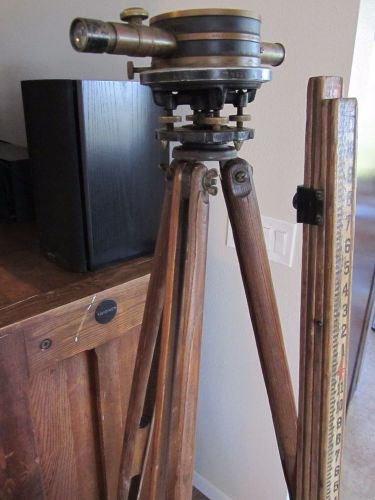 Bostrom no 4 vintage antique brass transit level &amp; tripod &amp; survey stick rod kit for sale