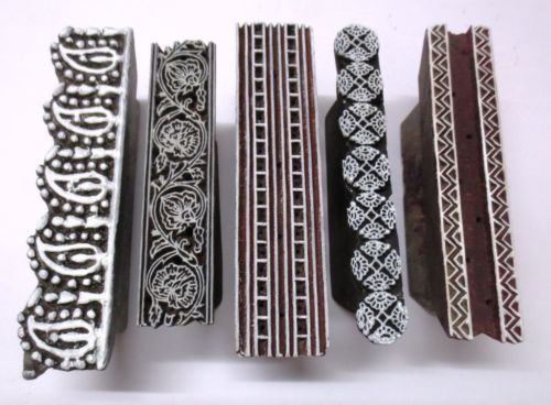 LOT OF 5 INDIAN WOODEN HAND CARVED TEXTILE PRINTING FABRIC BLOCK STAMP BORDERS