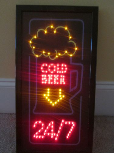 NIB COLD BEER 24/7 FRAMED LED HANGING WALL SIGN W/FLASHING ANIMATED LIGHTS 19X10