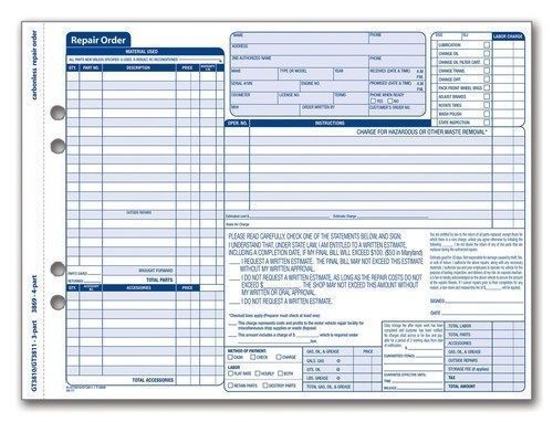 Adams Garage Repair Order Forms 8.5 x 11.44 Inches 3 Part 50 Sets White and C...