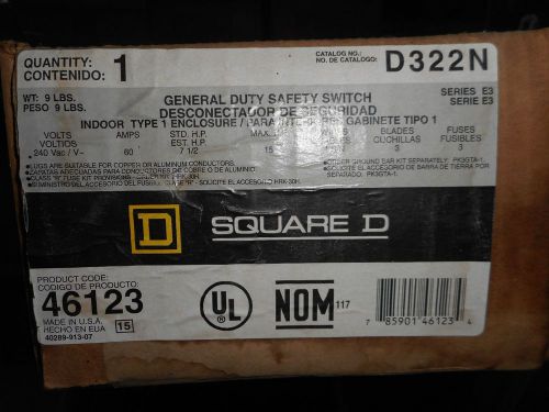 SQUARE D D322N 60 AMP 240 VOLT 3 PHASE FUSIBLE NEMA 1 INDOOR DISCONNECT