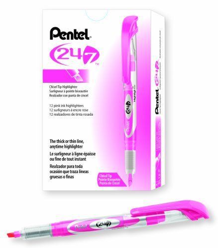 Pentel 24/7 Chisel Tip Liquid Highlighter, Pink Ink, Box of 12 (SL12-P)