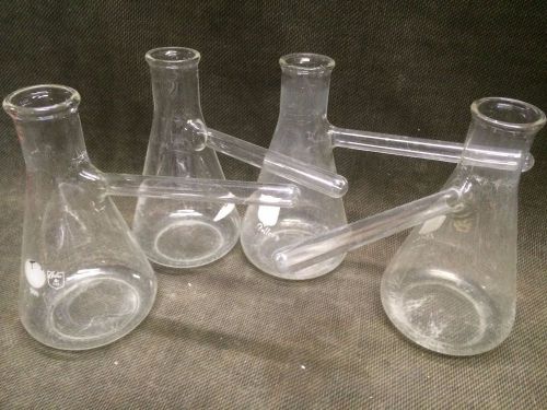 Lot 4 each 500ml bellco distilling flasks w/decanter side arm, glass lab flask for sale