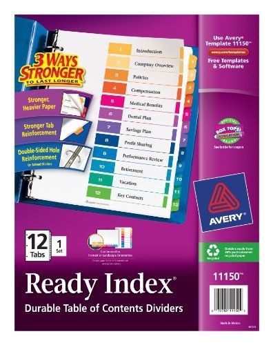 Avery Ready Index Table of Contents Dividers, Multicolor, 1 Set of 12 Tabs