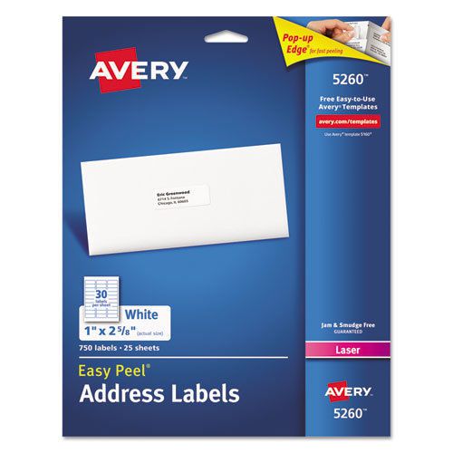 Easy Peel Laser Address Labels, 1 x 2 5/8, White, 750/Pack