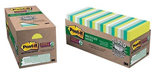 Post-it Recycled Super Sticky Notes, 3 in x 3 in, Bora Bora Collection, 24
