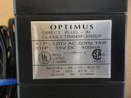 OEM Optimus AC Adapter Power Supply 48-15-800D - 15V DC 800mA - 15VDC
