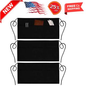 Waist Aprons 3 Pockets Waitress Server Waiter Apron for Women Men Black 3 Pack