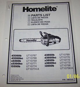 HOMELITE CHAIN SAW PARTS LIST D3350B, D3350BC, Z3350B, Z3350BC, i3350B, D3850B