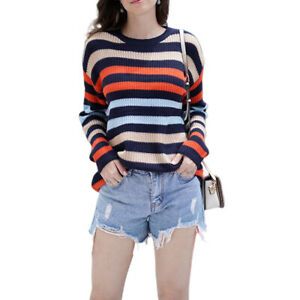 Soft Fashion Women Sweater Long Sleeves Acrylic Round Neck Warm Rainbow Striped