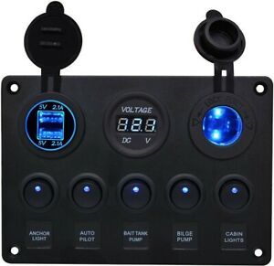 BlueFire Waterproof 5 Gang Rocker Switch Panel With 4.2A Dual USB Slot Socket +