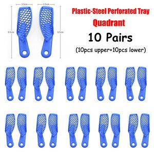 10Pair Dental Plastic-Steel Perforated Impression Tray Blue Quadrant Upper+Lower